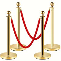 Golden 4-Piece Stainless Steel Welcome Post Set, Includes Fillable Base and Red Velvet Rope Safety Barrier Kit, Pole Height 37 Inches, Barrier for Bank Queue Control and Crowd Control