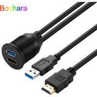 Bochara USB 3.0USB 2.0+HDMI-Compatible Extension Cable Male to Female V2.0 4kx2K @60Hz Flush Mount Panel Dashboard For Car