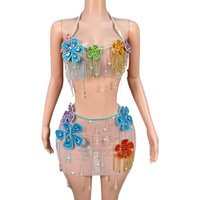 Sparkly Rhinestones Pearls Top Mini Skirt Two Pieces Set Sexy Transparent Celebrate Evening Prom Birthday Dress Photo Shoot Wear