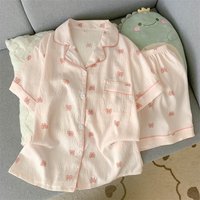 Sweet and Lovely Pajamas for Women in Summer New Short Sleeved Set for Homewear Ladies Pink Bow and Cherry Pattern Sleepwear