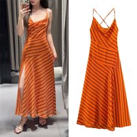 Women's Dress 2026 Summer New Arrival Orange Striped Spaghetti Strap Sexy Maxi Dress Beach Vacation Casual Fashion Relaxed