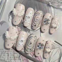10 pieces of hand pressed oval nails, beautiful fake nails, naked pink spiral wings, suitable for women to use