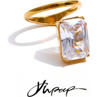 Yhpup Size 678 Bling Cubic Zirconia Rectangle Golden Ring High Quality Stainless Steel Tarnish Resistant Premium Finger Jewelry