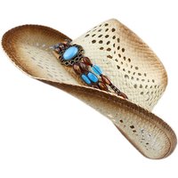Retro Vintage Ethnic Style Knitted Turquoise Beads Hollowed Out Women Men Straw Wide Brim Beach Cowboy Cowgirl Western Sun Hat
