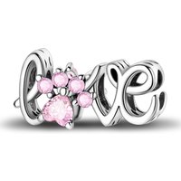 925 Sterling Silver Pink CZ Pet Paw Letter Charm Fit Women DIY Bracelet Necklace Fashion Jewelry Animal Lover Gift