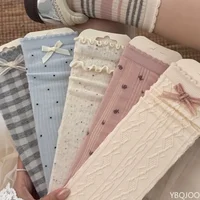 10 Pairs Bow Tie Socks for Women Mid Tube Socks for Spring and Summer Thin Ballet Style Gray Blue Sweet and Versatile Pile Socks