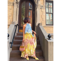 Retro Print Women Color Patchwork Maxi Dress Halter O-Neck Sleeveless Backless Holiday Ladies Robe