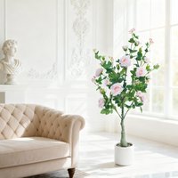 120cm Artificial Rose Flower Trees Faux Outdoor Tree with Blooming Flowers Green Leaves Artificial Plant for Office Home Decor