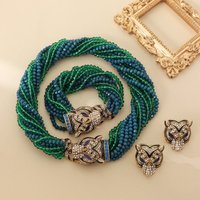 Vintage Enamel Leopard Head Jewelry Set Rhinestone Multi Layer Beaded Necklace Bracelet Earrings Bohemian Style for Women