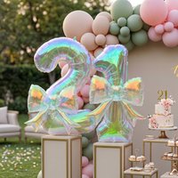 Laser Iridescent Number 0-9 Balloons with Bowknot Translucent Holographic Foil Balloon Kit for Birthday Wedding Party Decoration