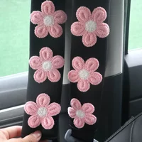2pcs Ice Silk Pink Flower Shoulder Protection Cartoon Creative Car Seat Belt Shoulder Protection Small Flower Car Interior