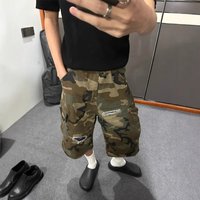 2026 Summer Unisex Ripped Patchwork Camo Denim Capri Shorts Vintage Washed Loose Streetwear Designer Casual Daily