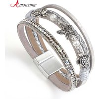 Amorcome Boho Metal Seashell Starfish Beads Charm Shiny Rhinesotne Leather Wrap Bracelets Vintage Summer Beach Femme Jewelry