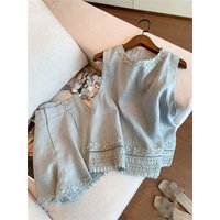Lace Patchwork Sleeveless Vest Cotton Linen Shorts Set Blue Embroidery Crop Top Two Piece Sets Womens Outifits