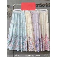 Spring 2026 Gentle Wind Flower Embroidery A-Line Skirt Slimming Casual Flared Midi Skirt High Waist Polyester Elastic Waist