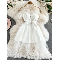 Foamlina white Princess Dress Women's Spring Autumn 2025 New Waist Tight Backless Black Mesh Splicing Tube Top Tutu Dress