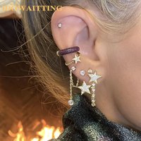 New Arrive Bling CZ Paved with Tassel Chain Star Shaped Multi Piercing Double Sided Fashion Gold Plated Earring for Women