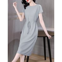 Silk Satin Midi Dress Women's Summer 2026 Spring Autumn New Style Slimming Short Sleeve High Waist A-Line Skirt Korean Style