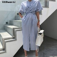 Summer Cotton Striped Pocket Split Long Dress For Woman Casual Office Lady Dresses Fashion Women's Clothing Robe Femme