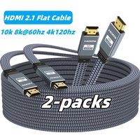 2-Pack 8K HDMI Flat Cable 48Gbps High Speed 8K60 4K144Hz Braided HDMI 2.1 Cord 3D eARC HDCP 2.2&2.3 Compatible with Roku TV/PS5