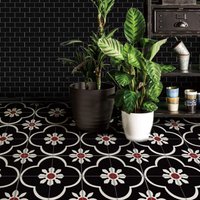 Vinyl Vintage Black Moroccan Mosaic Floor Tiles Stickers, Bathroom Kitchen Background Self-adhesive Removable Flower Brick Decal