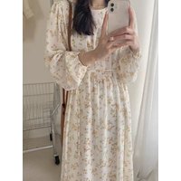 Fashionable Women's Long-Sleeved Loose Elegant Printed Floral Arabic Dress