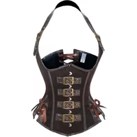 Women Gothic Steampunk Corset Halter Neck Brown Pu Leather Bustier Vintage Pirate Costume Waist Cincher Halloween Cosplay Top