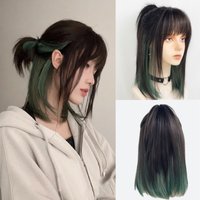 Women Black Green Ombre Short Straight Synthetic Wig Y2K Mullet Head Wig With Bangs For Daily Party Cosplay Heat Resistant