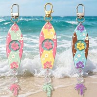 New Surfboard Shaped Acrylic Keychain for Women Man Fashion Hawaiian Hibiscus Flower Palm Tree Design Keychains Jewelry