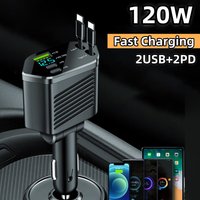5 In1 Retractable Car Charger Fast Charging Cable 120W Super Fast Charger with LED Car Cigarette Lighter For iPhone15 16 Samsung