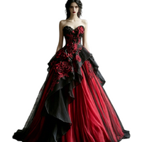 Gothic Black Red Vampire Wedding Dresses With Rose Florals Halloween Costume Bridal Gowns Applique Ruffle Medieval Party Witchy