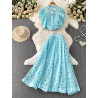French Style Short Sleeve Shirt And High Waist Skirt Two Piece Set Sweet Gentle Love Heart Chiffon Pleated a Line Midi Skirt