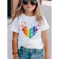 Girls Rainbow Heart Sequin T-Shirt Kids Summer Cotton Short Sleeve Top Toddler Baby Girl Clothes Black Tee Cute Butterfly Print