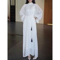 Designer retro sheer yarn beaded round neck shirring tie waist dress fashion loose plus size women's draped tutu skirt