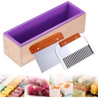 Rectangular Soap Molds Kit Cutters - 42oz Flexible Silicone Loaf Soap Mold with Wooden Box, Stainless Steel Wavy & Straight