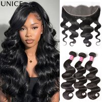 UNice Hair Body Wave Bundles With 13x4 Lace Frontal 100% Human Hair Bundles 3/4PCS With Free Part Frontal Make 250% Density Wig
