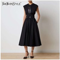 TWOTWINSTYLE Solid Spliced Lace Up Slimming Dresses For Women O Neck Sleeveless High Waist Temperament Long Dress Female Fashion