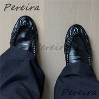 Black Retro Pleated Loafers British Style Genuine Leather Pointed Toe Shallow Flat Shoes Daily Versatile Casual Business Shoes