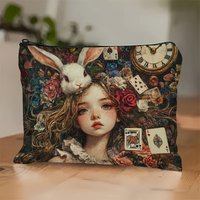 Fantasy Makeup Bag - Dreamy Rabbit & Playing Cards Design, White Cosmetic Pouch with Zipper Closure