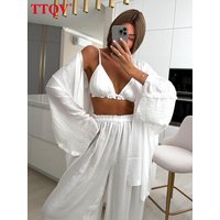 TTQV Sexy Loose White 3 Piece Sets Women Outfit 2024 Fashion Long Sleeve Robes + Bra With High Waist Wide Pants Set Homewear