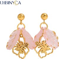 Pink Acrylic Leaf Drop Earrings 18K Gold Plated Stainless Steel, Sweet Elegant Light Luxury Jewelry for Women