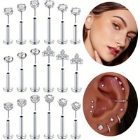 16G Elegant Simple Style 304 Stainless Steel Studs Set, Synthetic Zirconia, Heart & Star Design, 6Mm 8Mm 10Mm, for Women