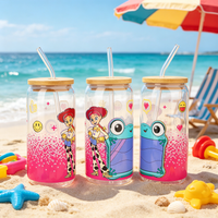 1pc 16oz Disney Toy Story Jessie & Lilypad Borosilicate Glass Tumbler with Bamboo Lid & Straw Reusable Cup for Iced Coffee Juice
