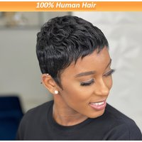 4 Inch Short Pixie Cut Wig Human Hair with Bangs - Brazilian Remy Hair 180% Density Rose Net Cap Machine-Made Short Bob Wig