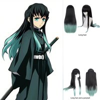 Anime Muichiro Tokito Cosplay Synthetic Hair 30-Inch Black And Green Gradient Heat-Resistant Wig For Daily Party Role-Playing