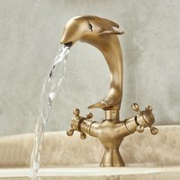 Antique Dolphin shape Brass Faucet Bathroom cabinet counter Basin Cold and Hot Double handle Faucet splash-proof