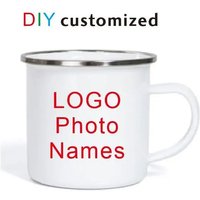 Enamel Mug 350ML Customized LOGO Photo Text Customized Sublimation Print Silver Black Blue Rim Colors Steel Coffee Cup Outdoor