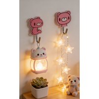 Cute Pink Bear Adhesive Hooks, 2-Pack Cartoon Acrylic Wall Hooks for Home Decor and Organizing