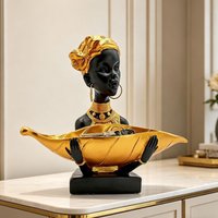 African Woman Bust Storage Tray Resin Statue Black Gold Leaf Jewelry Key Holder Modern Luxury Entryway Tabletop Decor Ornament