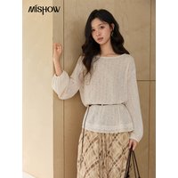 MISHOW Women's Lace Trim Boat Neck Knitted Tops with Belt 2026 Spring Micro Transparent Loose Casual Thin Sweater MXF13Z3002